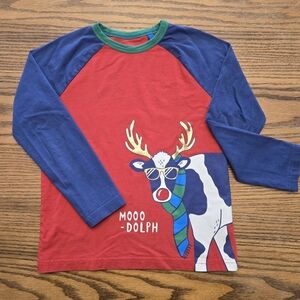 Mini Boden Christmas Reindeer Rudolph Cow Mooo-dolph Long Sleeve Shirt Size 6-7